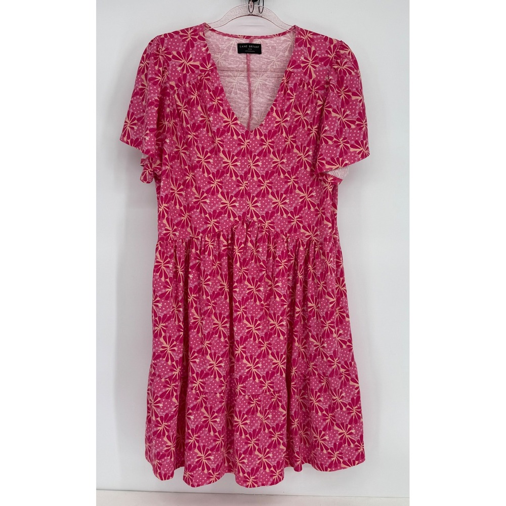 Lane Bryant Pink Floral Polka Dot Cotton V-Neck Flutter Sleeve Dress Sz 14/16